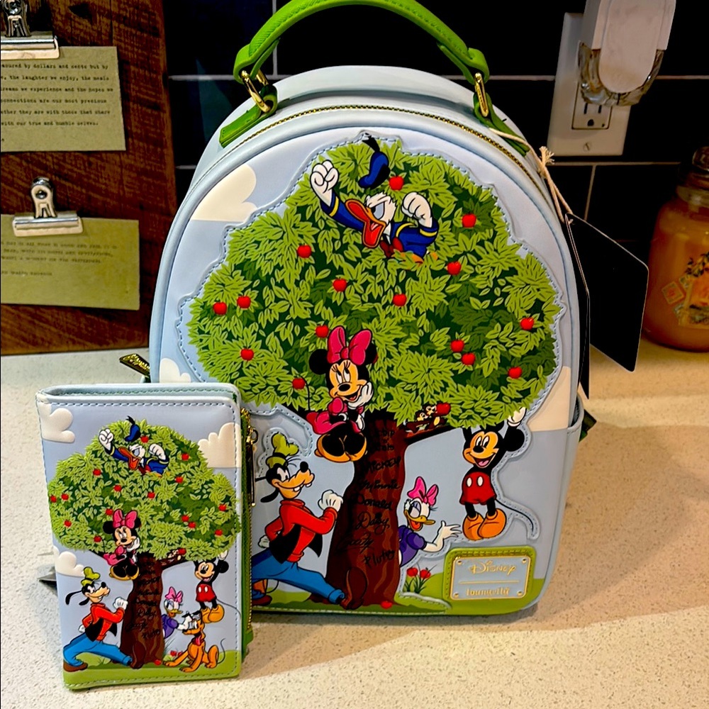 Loungefly NWT Mickey and Friends Apple Tree Backpack and Wallet Set